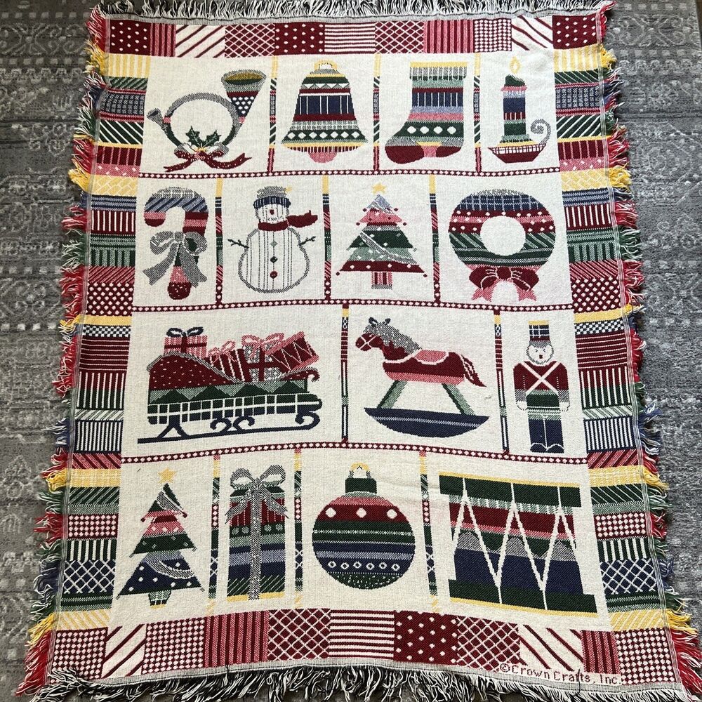 Crown Crafts Tapestry Throw Blanket Christmas Toys Reversible  55 X 44 Woven